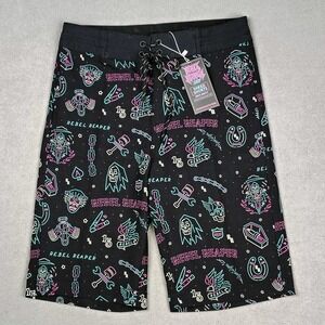 Rebel Reaper‎ Board Shorts Men Small Black Swim Trunks Tattoo Biker Pockets NWT